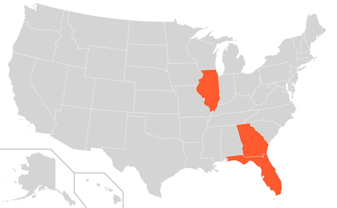 US Map highlighting Illinois, Georgia and Florida